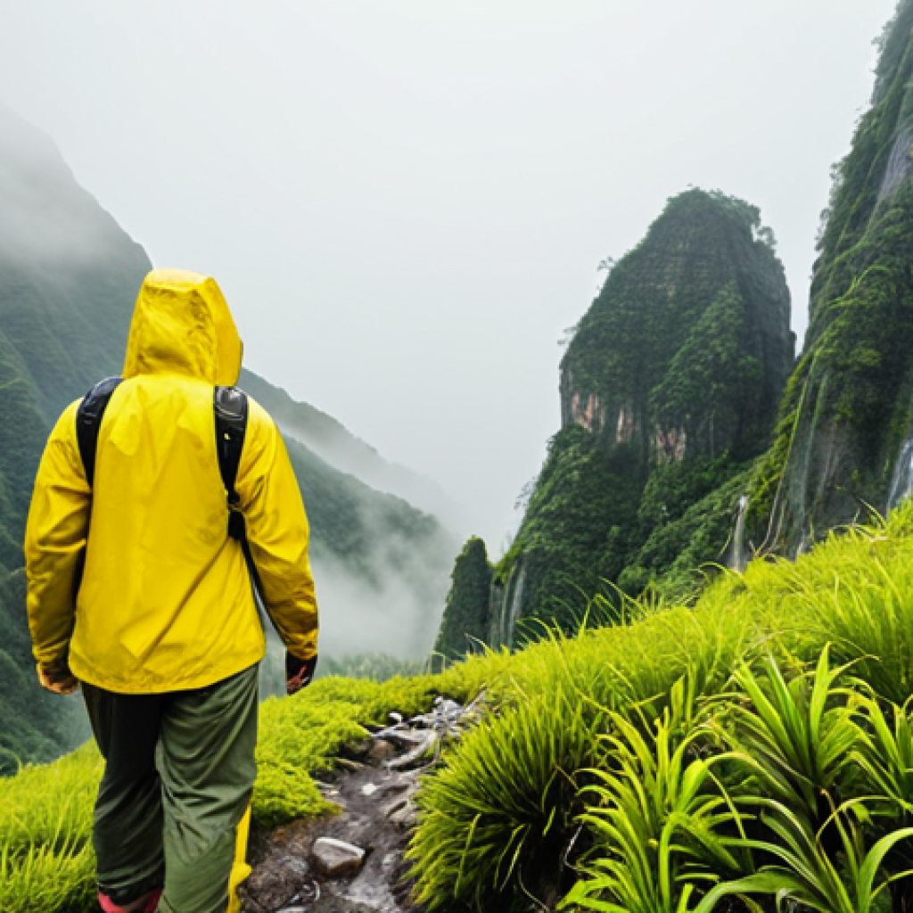 **A Malaysian hiker wearing a bright yellow waterproof jacket and pants, hiking through a misty mountain landscape. Focus on the jacket's visibility and the lush green environment. Include some fog to show the importance of visibility.**