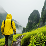 **A Malaysian hiker wearing a bright yellow waterproof jacket and pants, hiking through a misty mountain landscape. Focus on the jacket's visibility and the lush green environment. Include some fog to show the importance of visibility.**