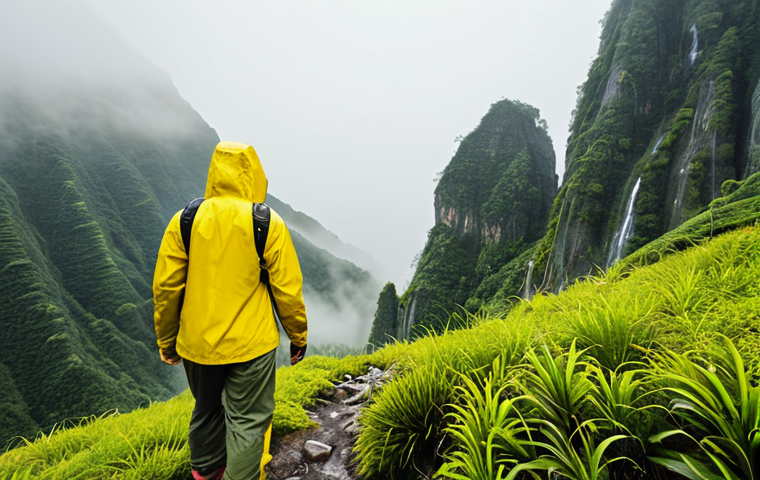 **A Malaysian hiker wearing a bright yellow waterproof jacket and pants, hiking through a misty mountain landscape. Focus on the jacket's visibility and the lush green environment. Include some fog to show the importance of visibility.**