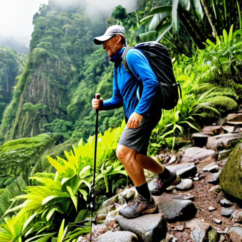 A professional male hiker, fully clothed in modest, durable trekking attire, carefully descending a steep and rocky mountain trail. He demonstrates a controlled 'side-stepping' technique, with two trekking poles firmly planted for stability. His body is balanced, knees slightly bent, absorbing impact. The trail is set within a vibrant, green tropical rainforest, with natural daylight filtering through the canopy, highlighting the damp earth and textured rocks. High-resolution professional outdoor photography, realistic, natural lighting, perfect anatomy, correct proportions, natural pose, well-formed hands, proper finger count, natural body proportions, safe for work, appropriate content, family-friendly.