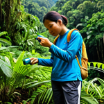 A confident hiker, fully clothed in modest, long-sleeved hiking attire and sturdy pants, applying an insect repellent spray to their exposed skin before beginning a jungle trek. The setting is a bright, clear day at a Malaysian jungle trailhead, with lush tropical foliage in the background. The image should feature perfect anatomy, correct proportions, a natural pose, well-formed hands, proper finger count, and natural body proportions. The overall image quality should be professional photography, high-resolution, safe for work, appropriate content, fully clothed, and family-friendly.