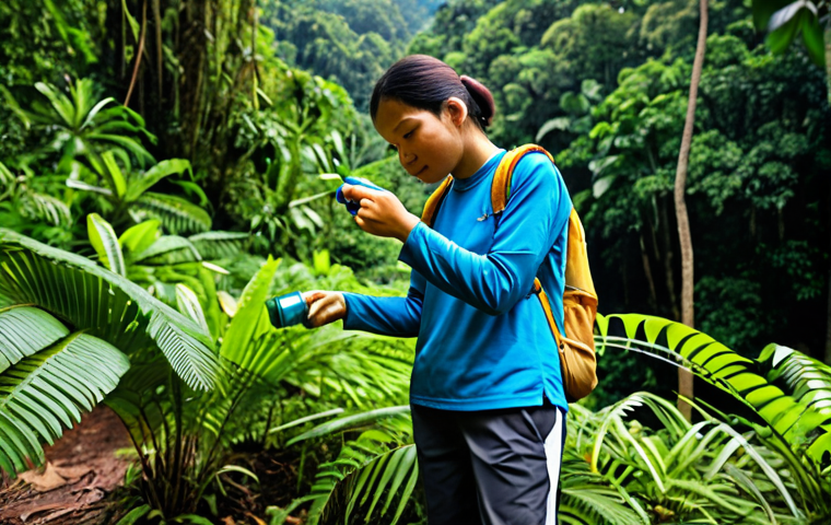 A confident hiker, fully clothed in modest, long-sleeved hiking attire and sturdy pants, applying an insect repellent spray to their exposed skin before beginning a jungle trek. The setting is a bright, clear day at a Malaysian jungle trailhead, with lush tropical foliage in the background. The image should feature perfect anatomy, correct proportions, a natural pose, well-formed hands, proper finger count, and natural body proportions. The overall image quality should be professional photography, high-resolution, safe for work, appropriate content, fully clothed, and family-friendly.